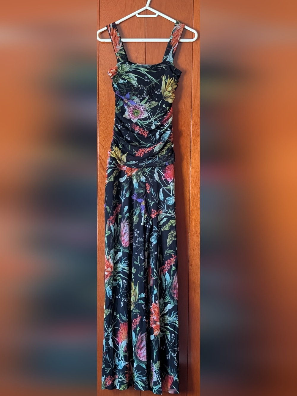 Fuzzi Black Floral Maxi Jumpsuit with Wide Elastic Straps